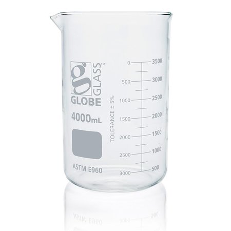 GLOBE SCIENTIFIC Beaker, Globe Glass, 4000mL, Low Form Griffin Style, Dual Graduations, ASTM E960, 1/Box 8014000